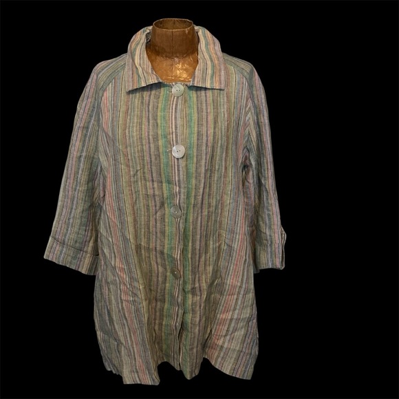 Boho Chic 100% Linen Lined Striped Multicolor Women's Jacket with 3/4 Sleeve - Picture 1 of 11